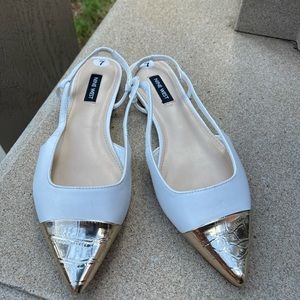 White and gold Nine West slingback slides